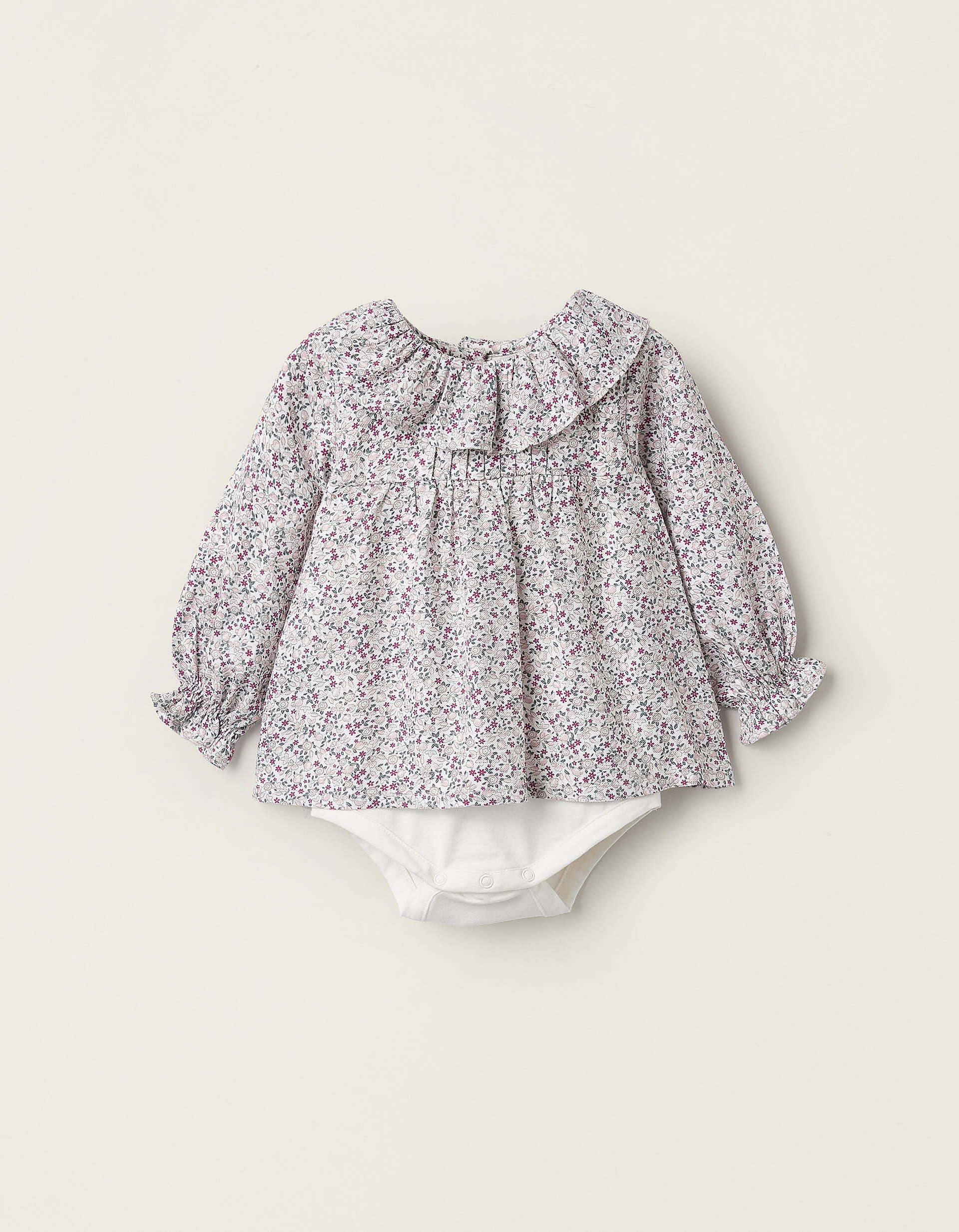 Floral Bodysuit for Newborn Girls, White/Pink/Green