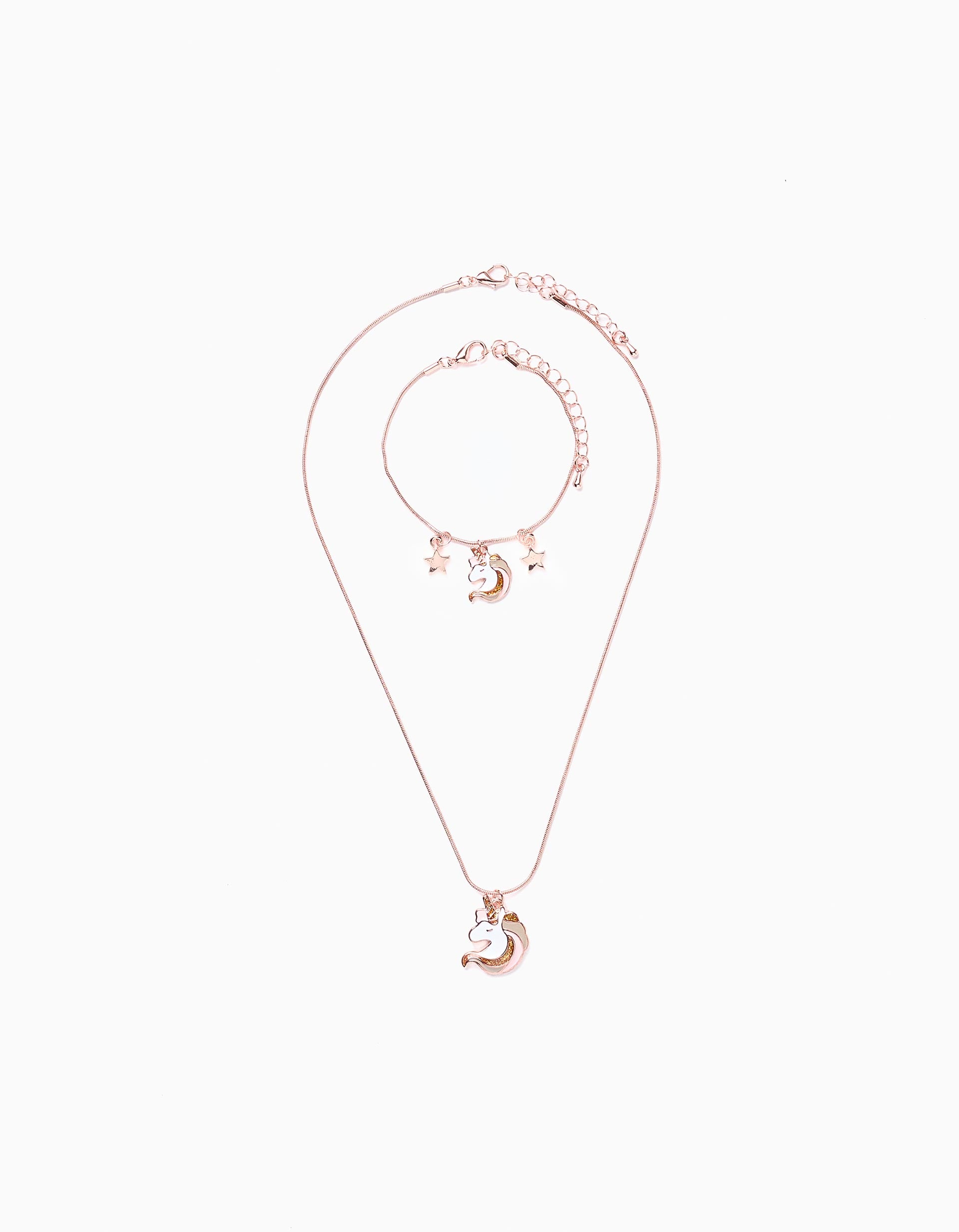 Pack Necklace + Bracelet for Girls 'Unicorn', Rose Gold