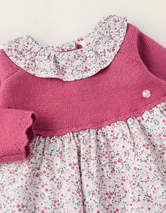 Robe Bi matière Florale pour Nouveau-née, Rose