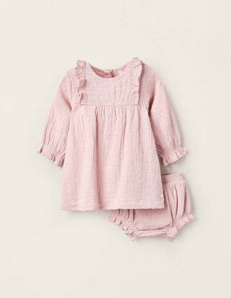 Vestido + Cubrepañal de Algodón para Recién Nacida, Rosa