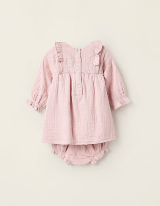 Robe + Bloomer en Coton pour Nouveau-née, Rose