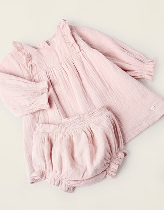 Vestido + Cubrepañal de Algodón para Recién Nacida, Rosa
