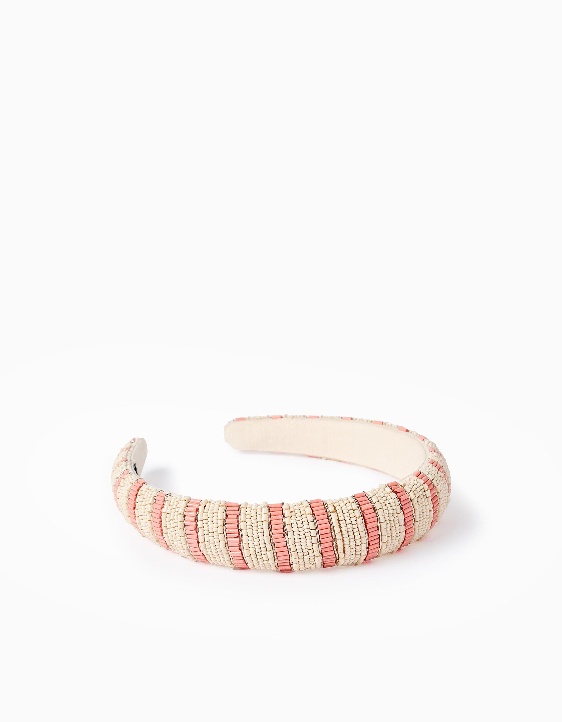 Serre-tête de Perles Rayé pour Fille, Beige/Corail