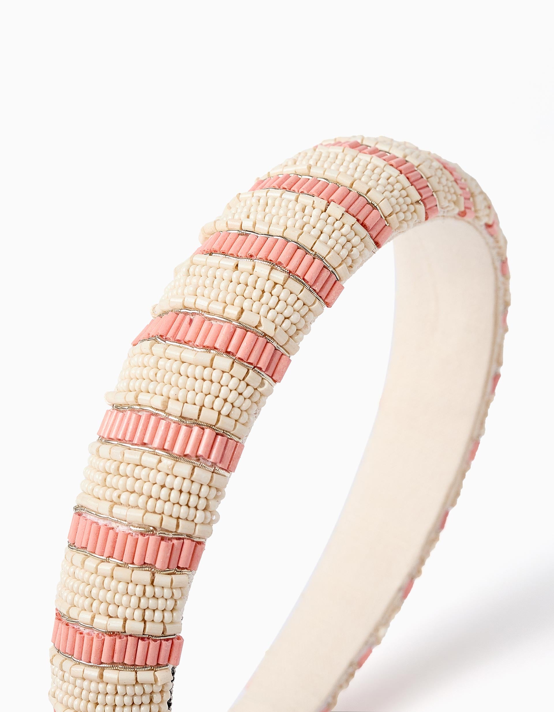 Serre-tête de Perles Rayé pour Fille, Beige/Corail