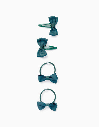 Pack 2 Ganchos de Cabelo + 2 Elásticos com Laços para Bebé e Menina, Verde