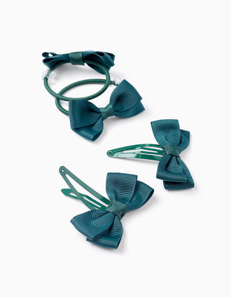 Pack 2 Horquillas de Pelo + 2 Elásticos con Lazos para Bebé y Niña, Verde