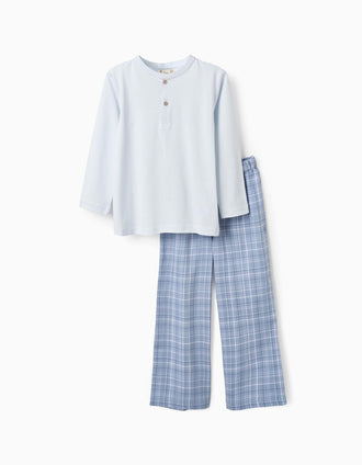 Pijama de Algodão com Xadrez para Menino, Azul
