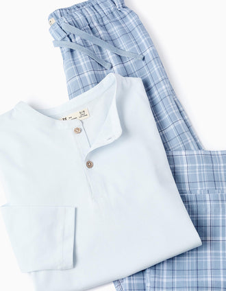 Pijama de Algodão com Xadrez para Menino, Azul