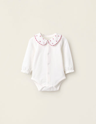 Body-Camisa com Bordados de Flores para Recém-Nascida, Branco