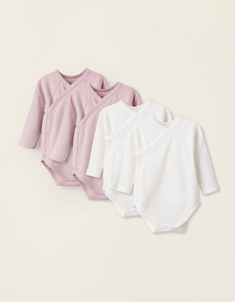 Pack 4 Bodies Cruzados en Pointelle para Recién Nacida, Blanco/Rosa