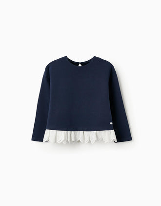 Sudadera con Volantes y Bordado Inglés para Niña, Azul Oscuro