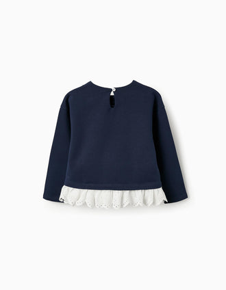 Sudadera con Volantes y Bordado Inglés para Niña, Azul Oscuro