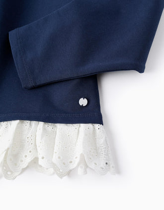 Sudadera con Volantes y Bordado Inglés para Niña, Azul Oscuro