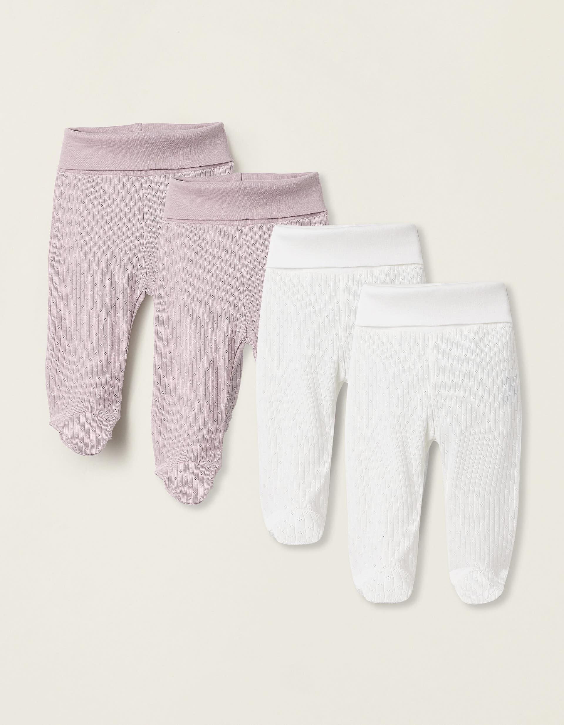 Pack of 4 Footed Trousers in Pointelle for Newborn Girls, White/Pink