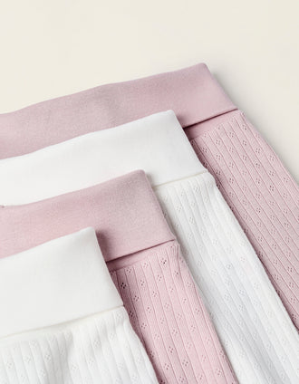 Pack 4 Pantalones con Pies en Pointelle para Recién Nacida, Blanco/Rosa