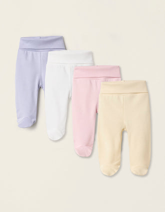 Pack 4 Pantalones con Pies en Algodón para Recién Nacida, Multicolor