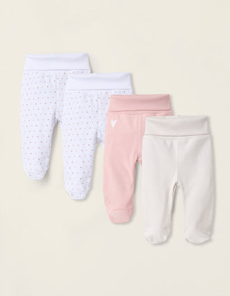 Pack 4 Calças com Pés em Algodão para Recém-Nascida 'Corações', Multicolor