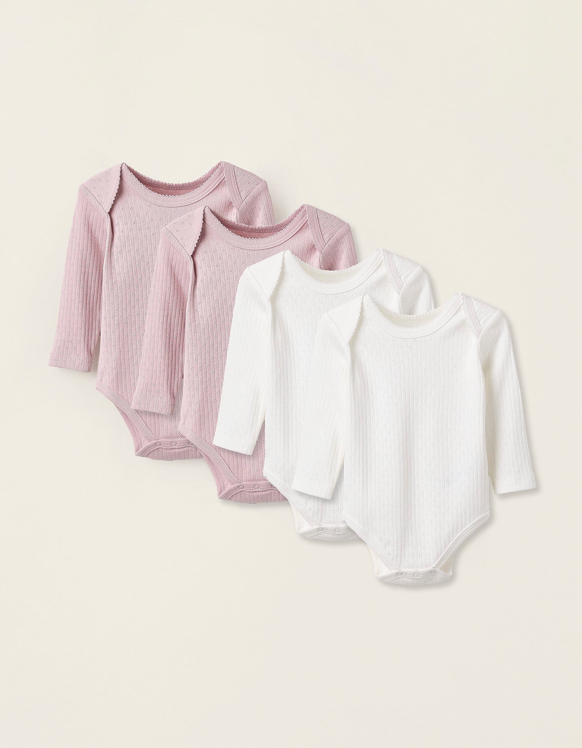 Pack of 4 Pointelle Cotton Bodysuits for Newborn Girls, White/Pink