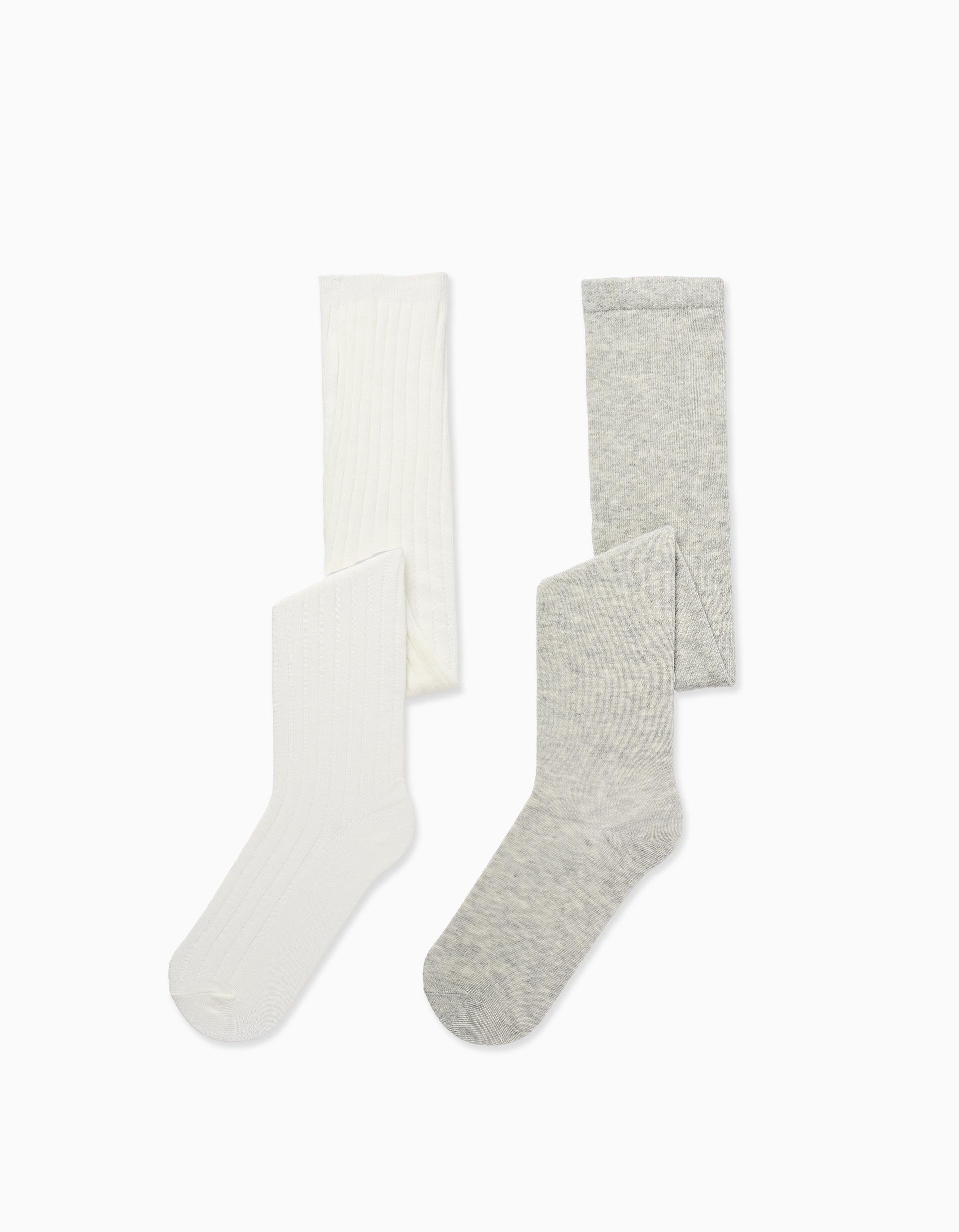 Pack 2 Collants Liso/Côtelé pour Fille, Blanc/Gris