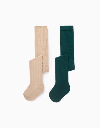 Pack 2 Collants Liso/Canelado para Bebé, Bege/Verde
