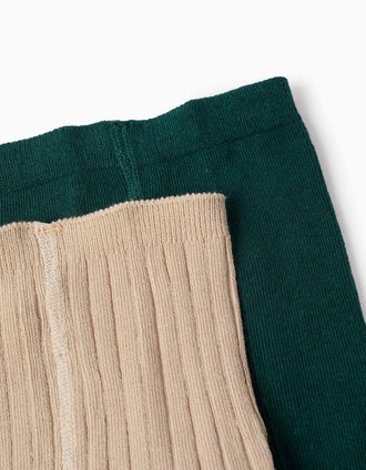 Pack 2 Collants Uni/Côtelé pour Bébé Fille, Beige/Vert
