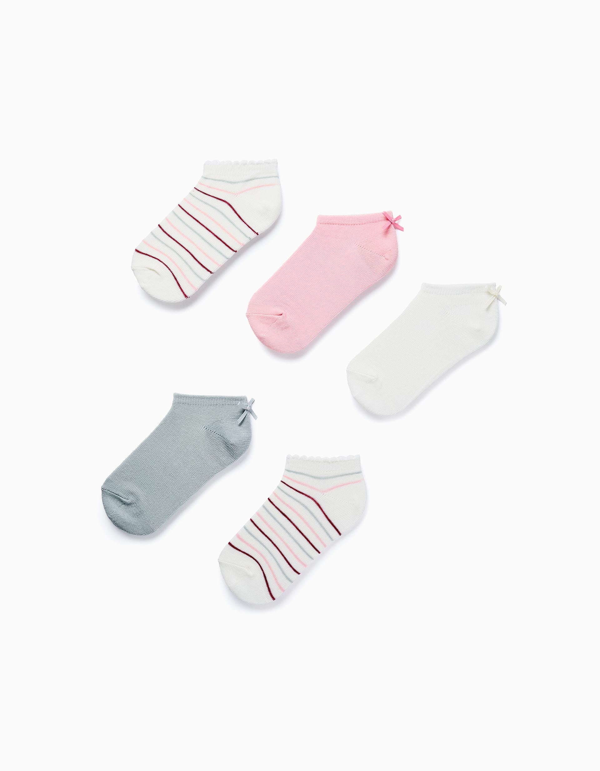 Pack of 5 Pairs of Ankle Socks with Bow/Stripes for Girls, Multicolour