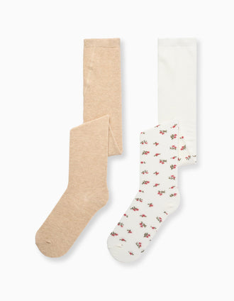 Pack 2 Collants Liso/Floral para Menina, Branco/Bege