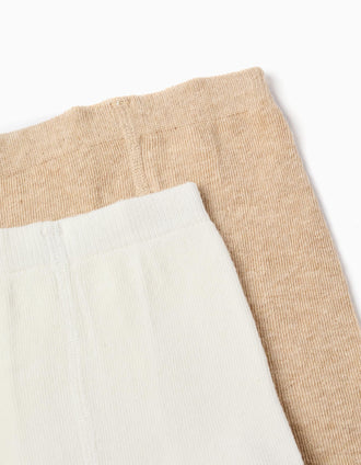 Pack 2 Leotardos Liso/Floral para Niña, Blanco/Beige