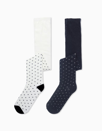 Pack 2 Collants de Malha às Pintinhas para Menina, Branco/Azul Escuro