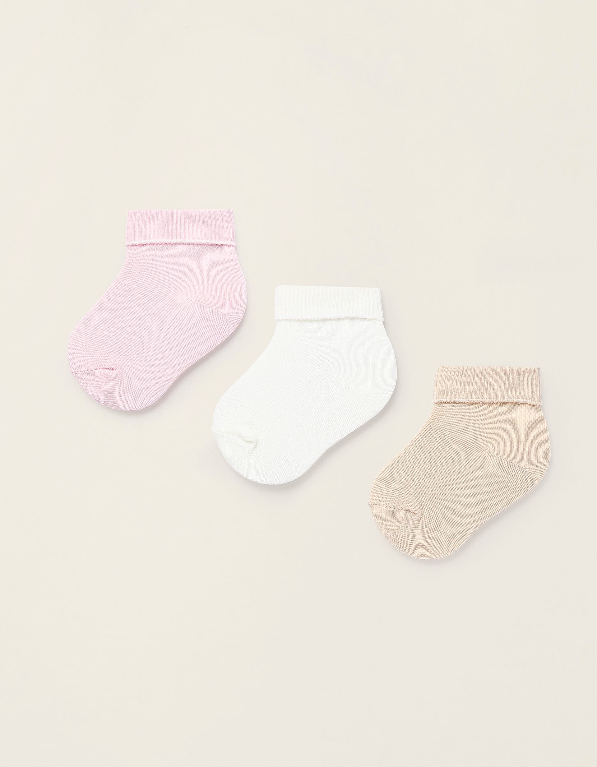 Pack of 3 pairs of Ribbed Socks for Newborn Girls, Pink/White/Beige