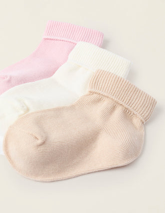 Pack 3 Pares de Meias Caneladas para Recém-Nascida, Rosa/Branco/Bege