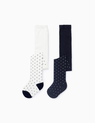 Pack 2 Collants de Maille à Pois pour Fille, Blanc/Bleu Foncé