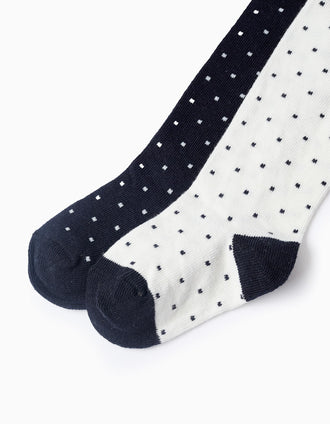 Pack 2 Collants de Maille à Pois pour Fille, Blanc/Bleu Foncé