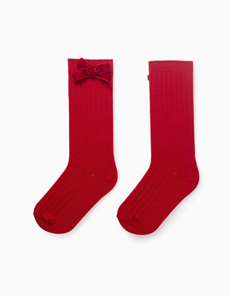 Meias Altas Caneladas com Laço para Menina, Vermelho
