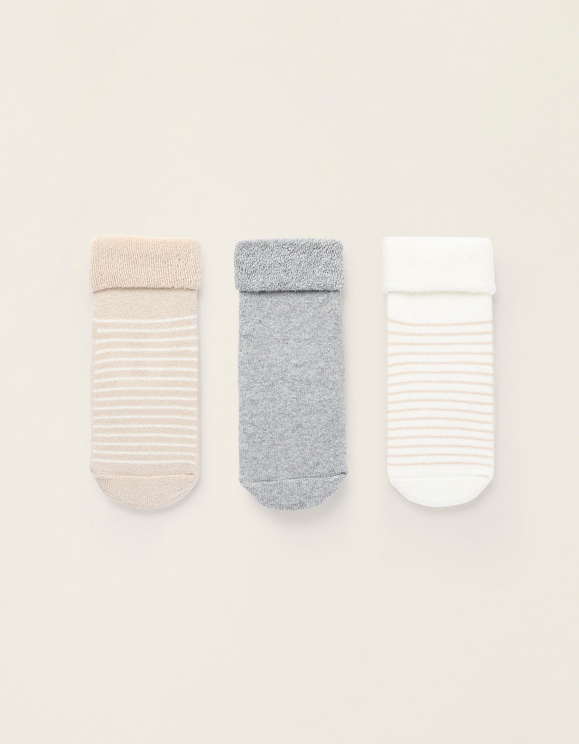 Pack of 3 Pairs of Non-Slip Socks for Baby, Grey/Beige/White