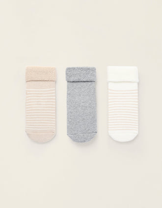 Pack 3 Pares de Calcetines Antideslizantes para Bebé, Gris/Beige/Blanco