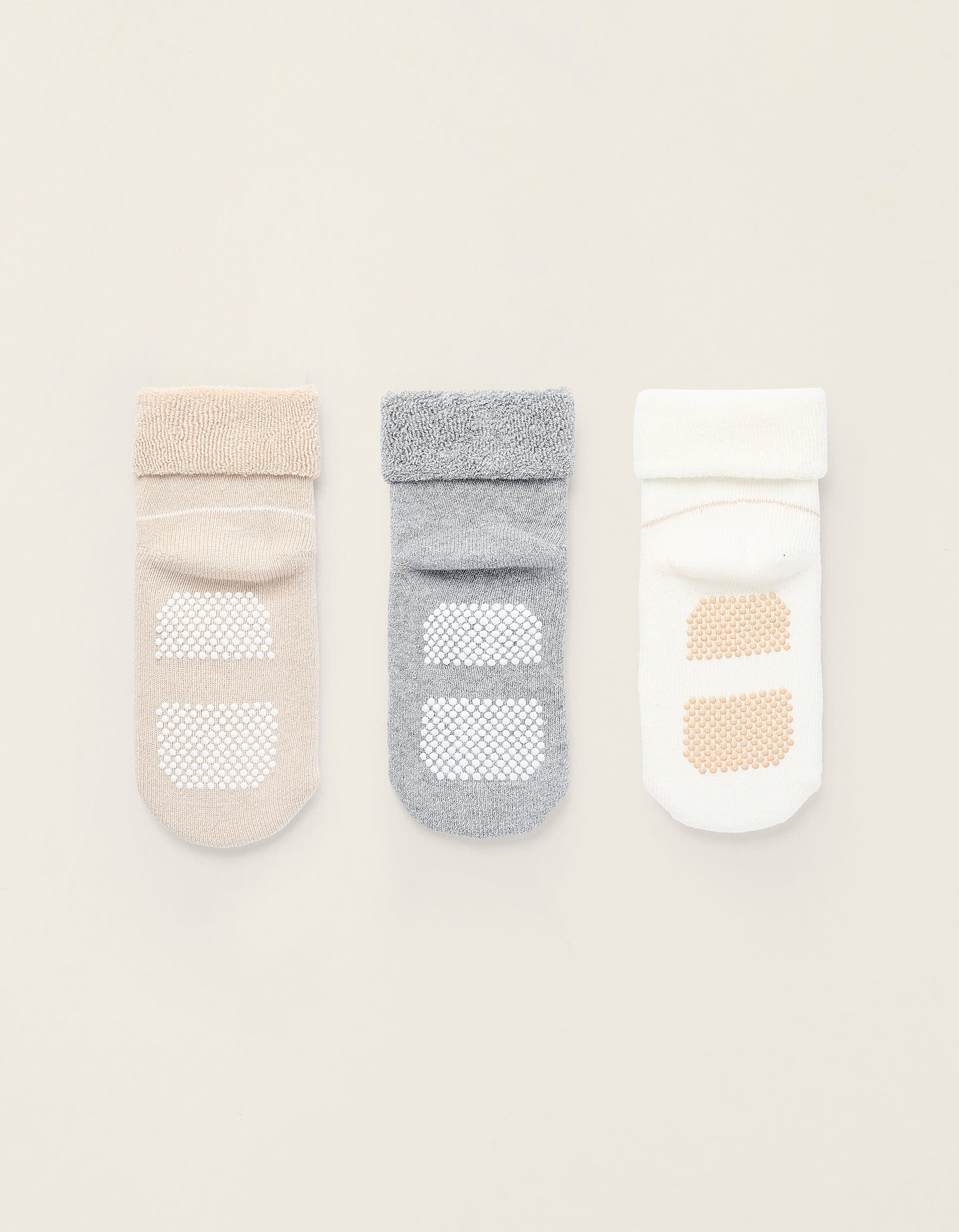 Pack of 3 Pairs of Non-Slip Socks for Baby, Grey/Beige/White