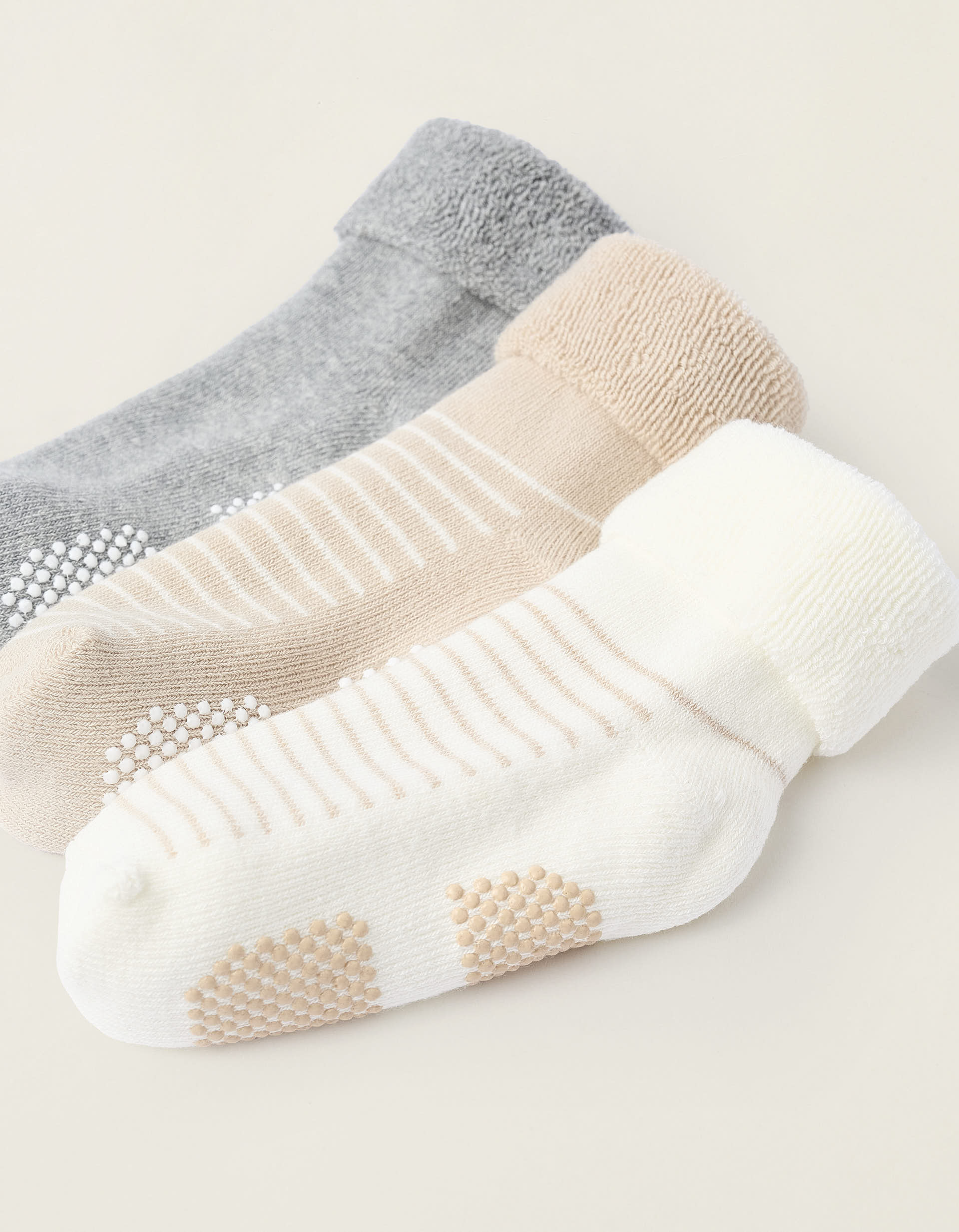 Pack of 3 Pairs of Non-Slip Socks for Baby, Grey/Beige/White