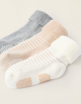 Pack 3 Pares de Meias Antiderrapantes para Bebé, Cinza/Bege/Branco