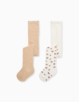 Pack 2 Collants Uni/Floral pour Bébé Fille, Blanc/Beige