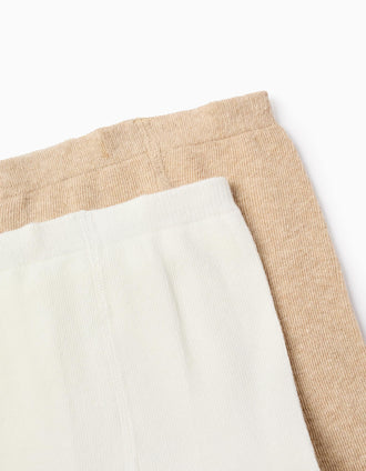 Pack 2 Collants Uni/Floral pour Bébé Fille, Blanc/Beige