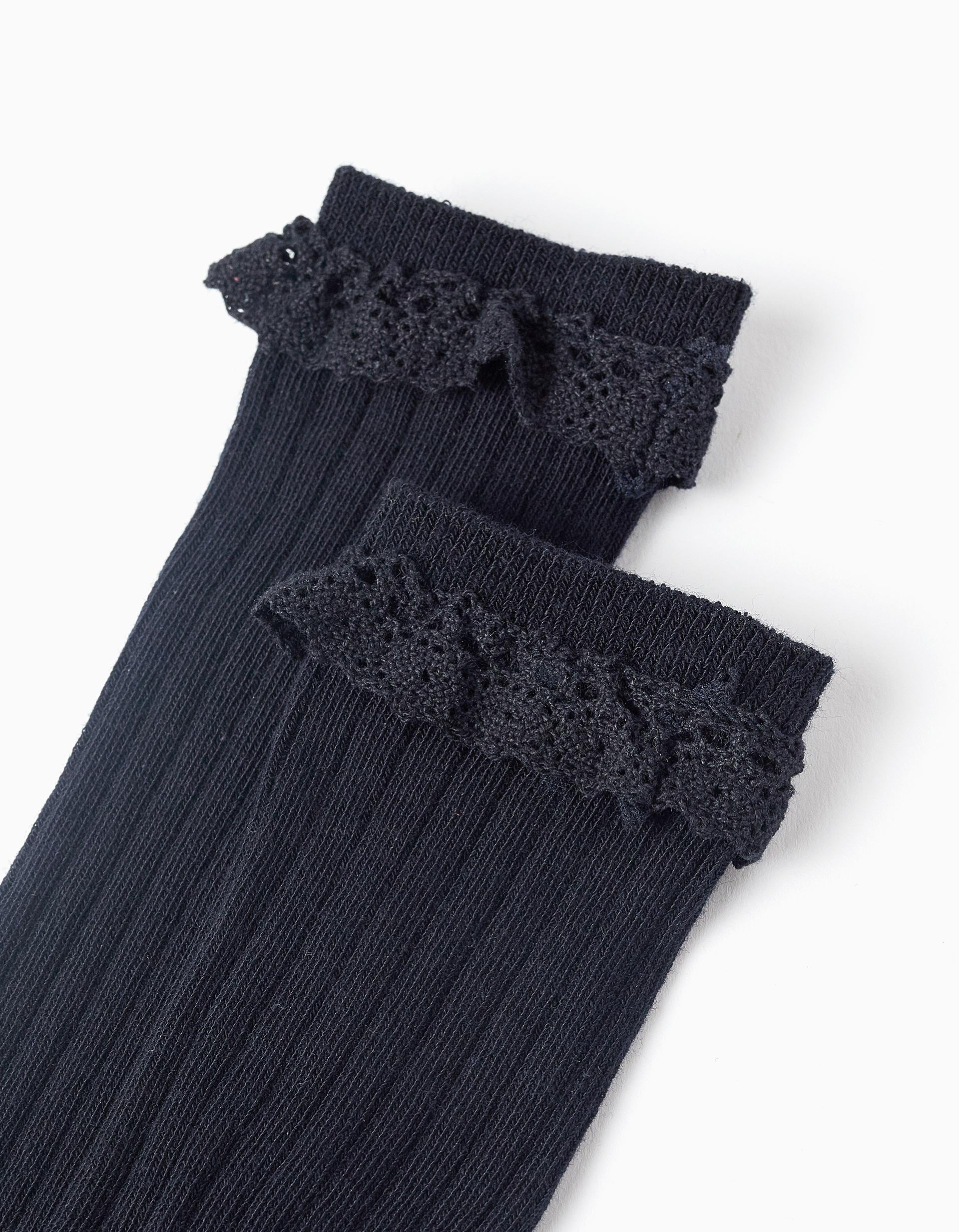 High Socks with Lace for Girls, Dark Blue