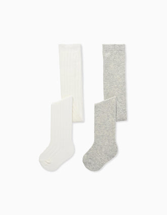 Pack 2 Collants Uni/Côtelé pour Bébé Fille, Blanc/Gris