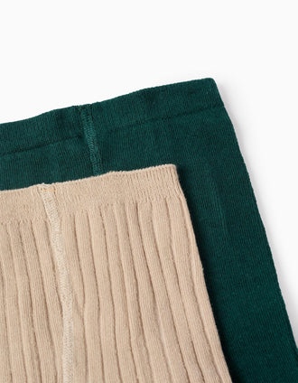 Pack 2 Leotardos Liso/Acanalado para Niña, Beige/Verde