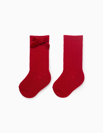 Meias Altas Caneladas com Laço para Bebé Menina, Vermelho