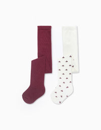Pack 2 Collants pour Bébé Fille, Bordeaux/Blanc