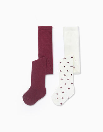 Pack 2 Collants pour Bébé Fille, Bordeaux/Blanc