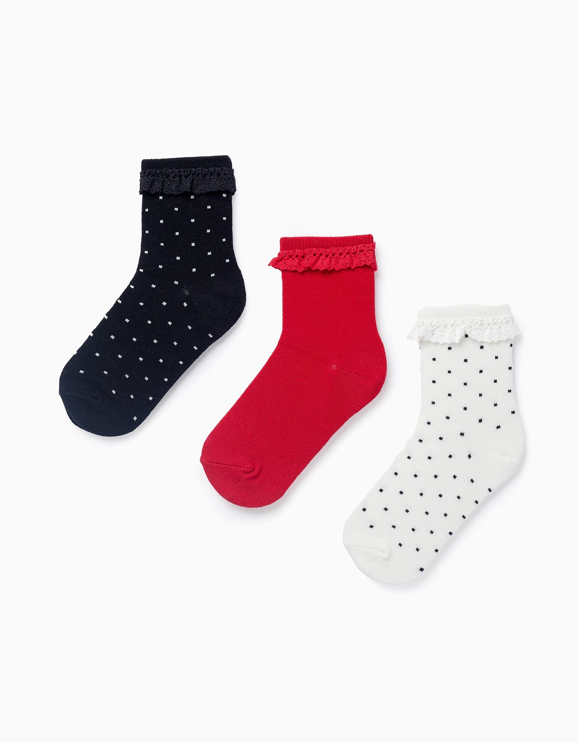 Pack of 3 Pairs of Socks with Lace for Girls, Red/White/Blue