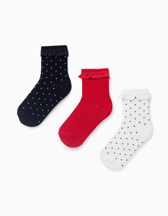 Pack 3 Paires de Chaussettes avec Dentelle pour Fille, Rouge/Blanc/Bleu
