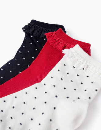 Pack 3 Paires de Chaussettes avec Dentelle pour Fille, Rouge/Blanc/Bleu